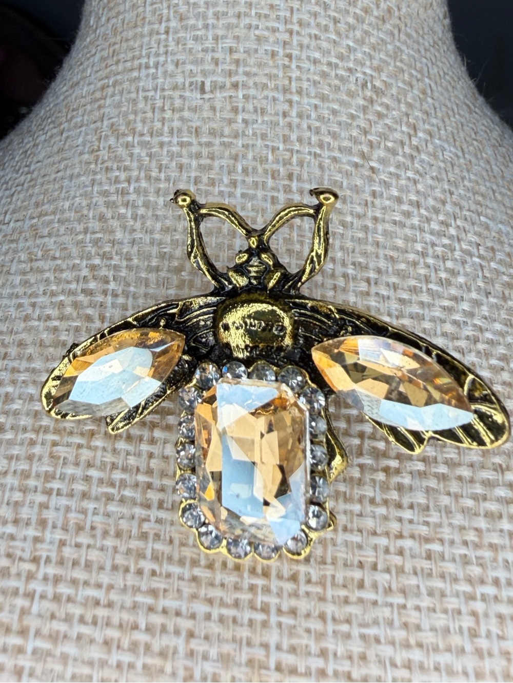Gold Bee Brooch with Amber and Clear Crystals